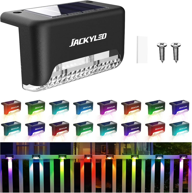 JACKYLED 16 Pack Deck Lights Solar Powered Color Changing, Outdoor Solar Fence Lights Waterproof LED Stair Lights for Patio Step Railing Wall Garden - Image 1